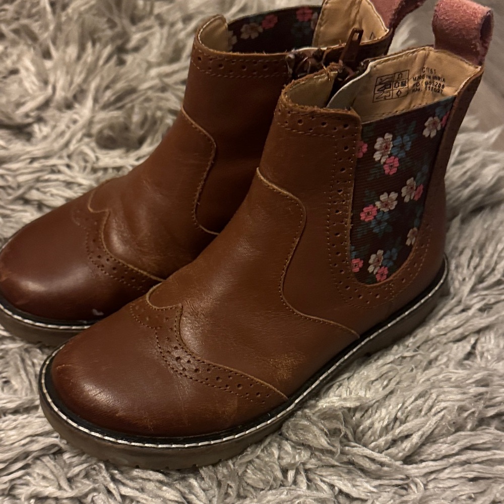 EUC - Mini Boden - Brown Kids Boots with Floral Pattern